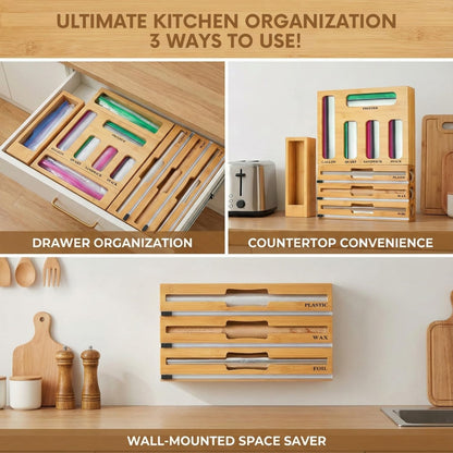 9 in 1 Storage Bag Organizer for Kitchen Drawer, Bamboo Foil and Plastic Wrap with Cutter, Ziplock Bag Organizer for Quart, Gallon, Sandwich & Snack Bags