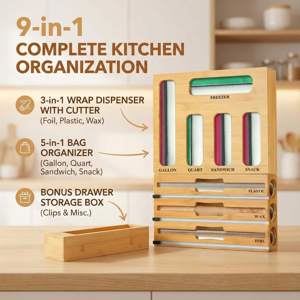 9 in 1 Storage Bag Organizer for Kitchen Drawer, Bamboo Foil and Plastic Wrap with Cutter, Ziplock Bag Organizer for Quart, Gallon, Sandwich & Snack Bags