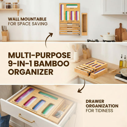 9 in 1 Storage Bag Organizer for Kitchen Drawer, Bamboo Foil and Plastic Wrap with Cutter, Ziplock Bag Organizer for Quart, Gallon, Sandwich & Snack Bags