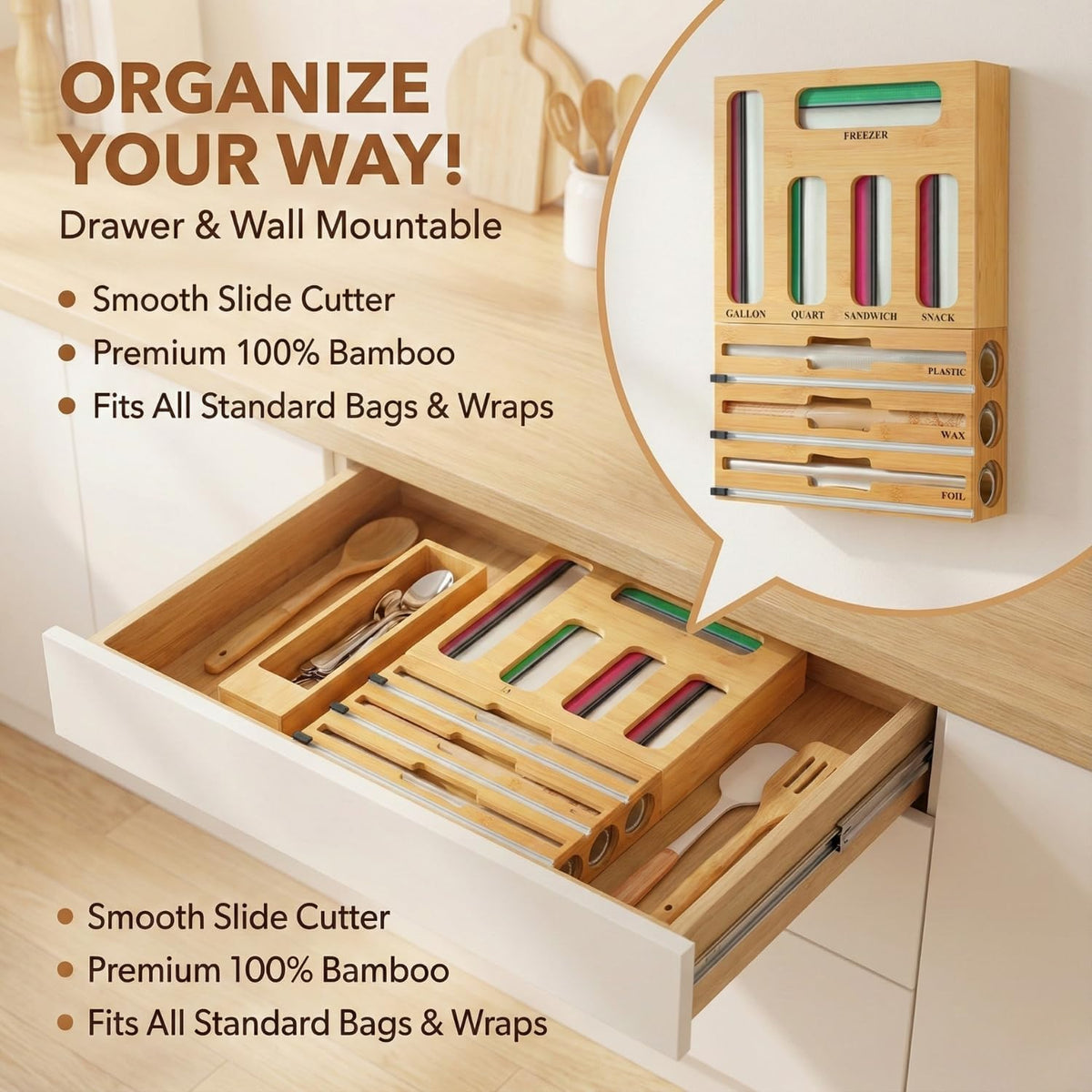 9 in 1 Storage Bag Organizer for Kitchen Drawer, Bamboo Foil and Plastic Wrap with Cutter, Ziplock Bag Organizer for Quart, Gallon, Sandwich & Snack Bags