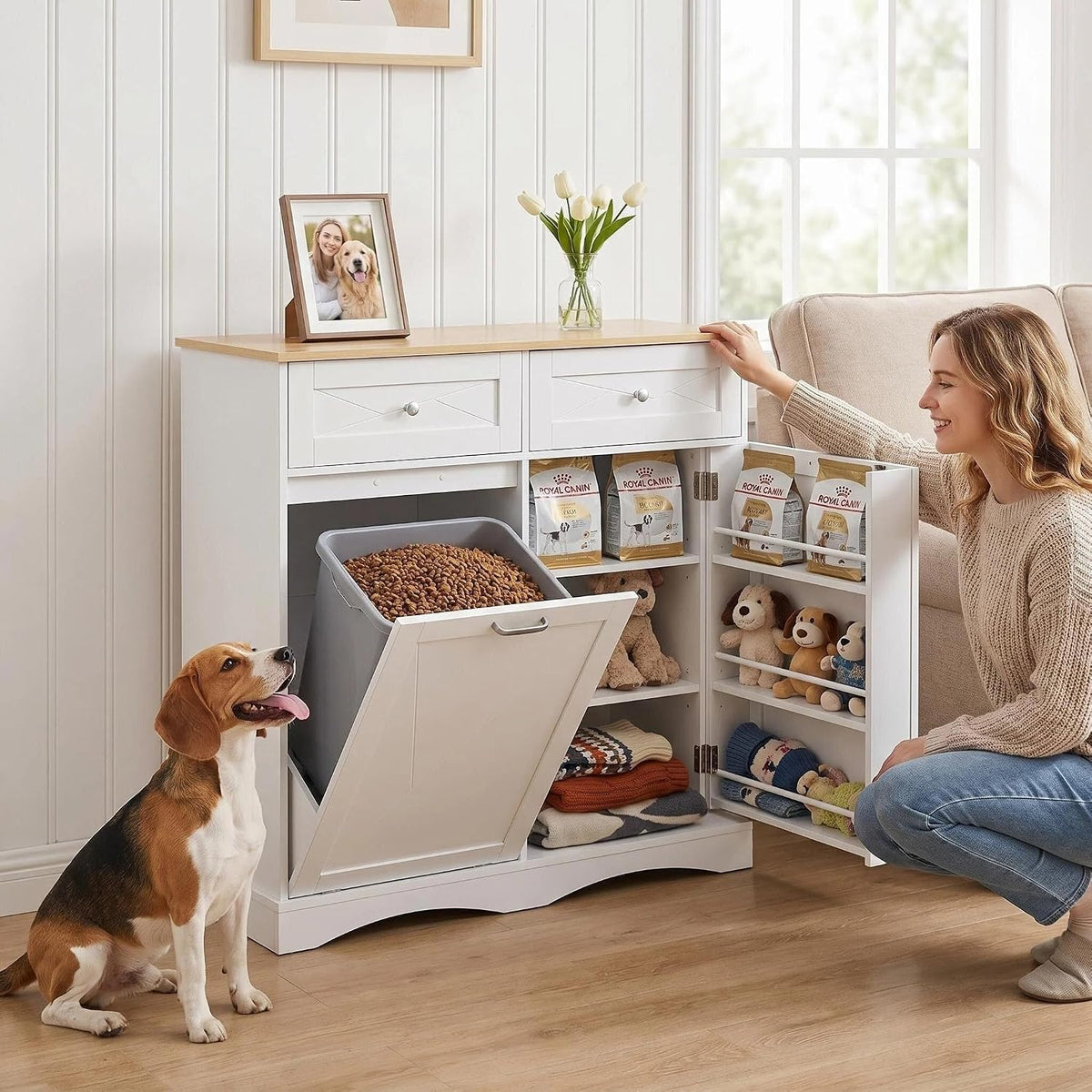 Dog Feeding Station with Storage Drawer, Pet Organizers and Storage Adjustable Shelf, Dog Feeder Station, Pet Storage Cabinet for Cats and Dogs