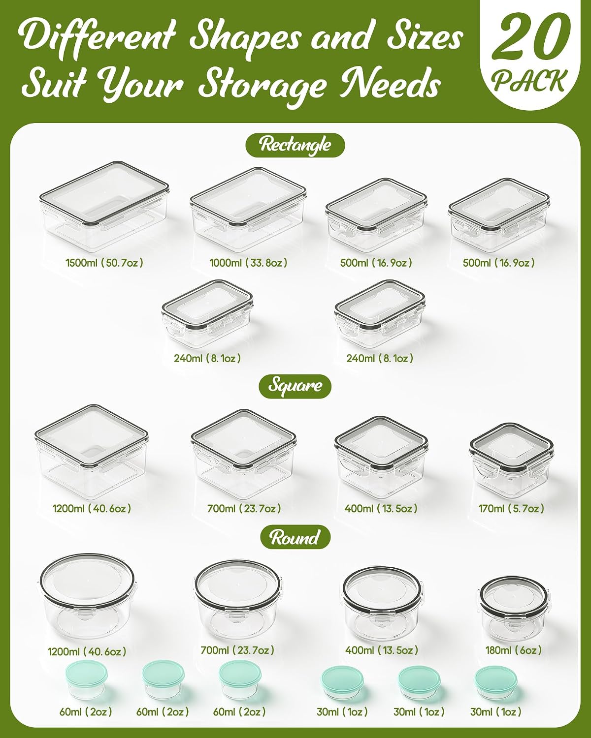 Food Storage Containers with Lids, BPA-Free | Includes 20 Containers & 20 Lids,Plastic Food Containers for Kitchen Storage and Organization,Leak Proof Meal Prep Container