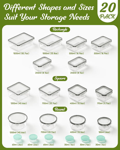 Food Storage Containers with Lids, BPA-Free | Includes 20 Containers & 20 Lids,Plastic Food Containers for Kitchen Storage and Organization,Leak Proof Meal Prep Container