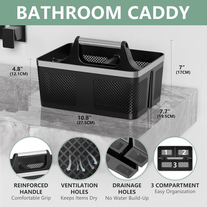 BYUNER Black Shower Caddy Portable: Plastic Bathroom Caddy Organizer with Handle and Holes, Cleaning Caddy, Hard Shower Basket Storage Tote for Toiletry, College Dorm Room Essentials for Men