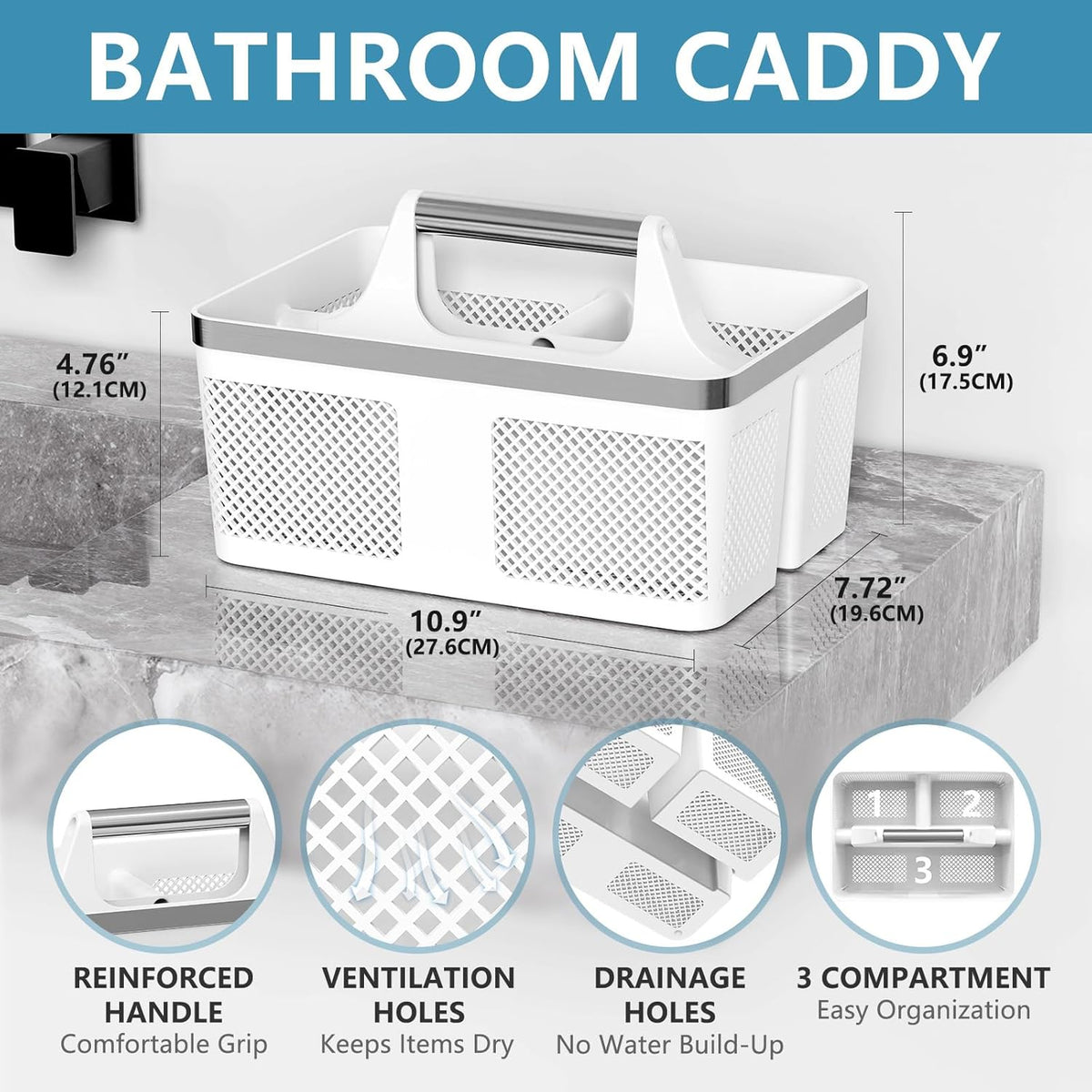 BYUNER Black Shower Caddy Portable: Plastic Bathroom Caddy Organizer with Handle and Holes, Cleaning Caddy, Hard Shower Basket Storage Tote for Toiletry, College Dorm Room Essentials for Men