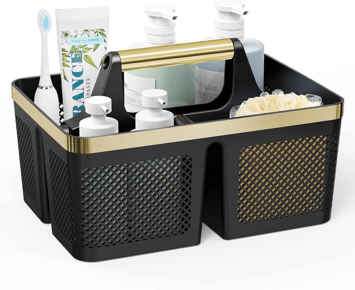 BYUNER Black Shower Caddy Portable: Plastic Bathroom Caddy Organizer with Handle and Holes, Cleaning Caddy, Hard Shower Basket Storage Tote for Toiletry, College Dorm Room Essentials for Men