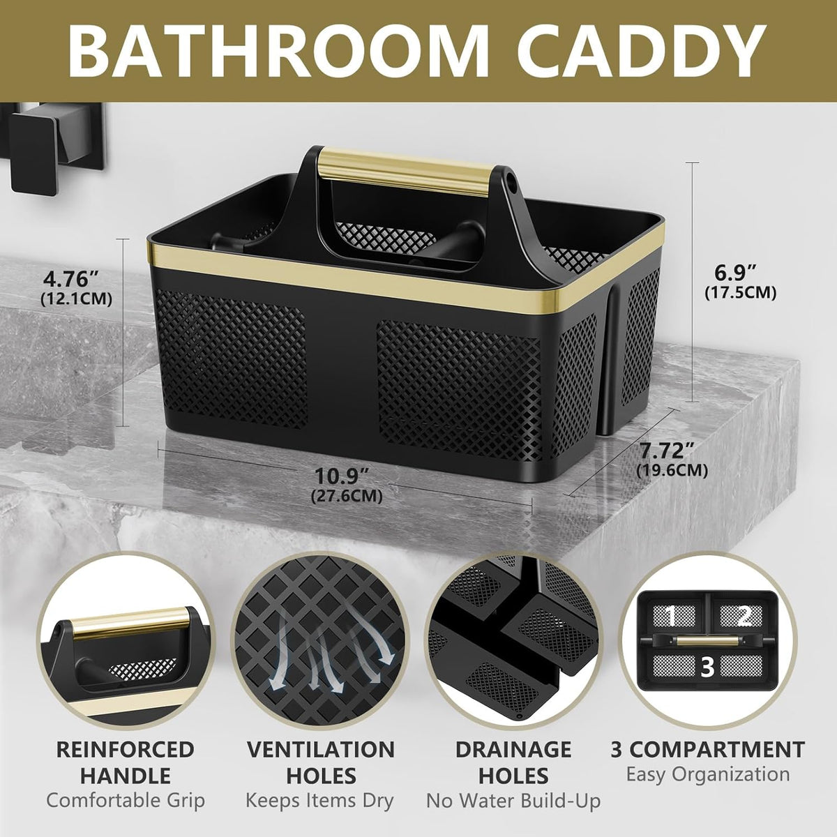 BYUNER Black Shower Caddy Portable: Plastic Bathroom Caddy Organizer with Handle and Holes, Cleaning Caddy, Hard Shower Basket Storage Tote for Toiletry, College Dorm Room Essentials for Men