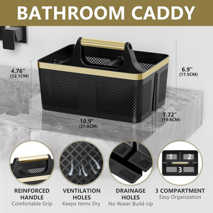 BYUNER Black Shower Caddy Portable: Plastic Bathroom Caddy Organizer with Handle and Holes, Cleaning Caddy, Hard Shower Basket Storage Tote for Toiletry, College Dorm Room Essentials for Men
