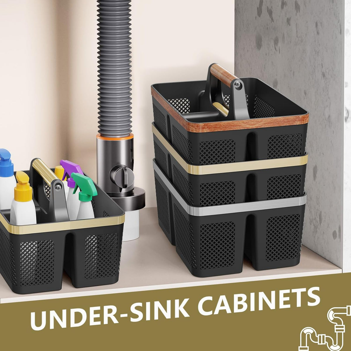 BYUNER Black Shower Caddy Portable: Plastic Bathroom Caddy Organizer with Handle and Holes, Cleaning Caddy, Hard Shower Basket Storage Tote for Toiletry, College Dorm Room Essentials for Men