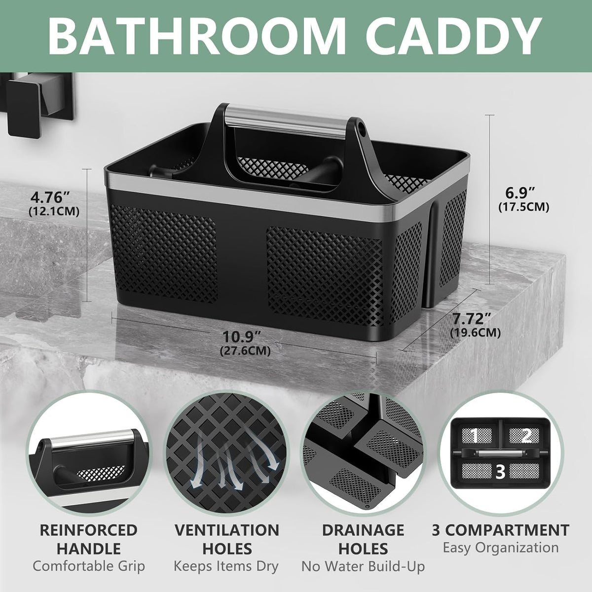 BYUNER Black Shower Caddy Portable: Plastic Bathroom Caddy Organizer with Handle and Holes, Cleaning Caddy, Hard Shower Basket Storage Tote for Toiletry, College Dorm Room Essentials for Men