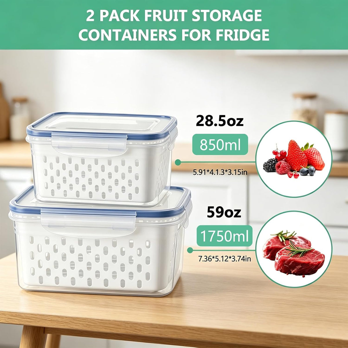 2 Pcs Fruit Storage Containers for Fridge with Removable Colander, Airtight Leakproof Produce Saver Set, Plastic Fridge Organizers for Vegetables, Berries & Meat, Dishwasher Safe