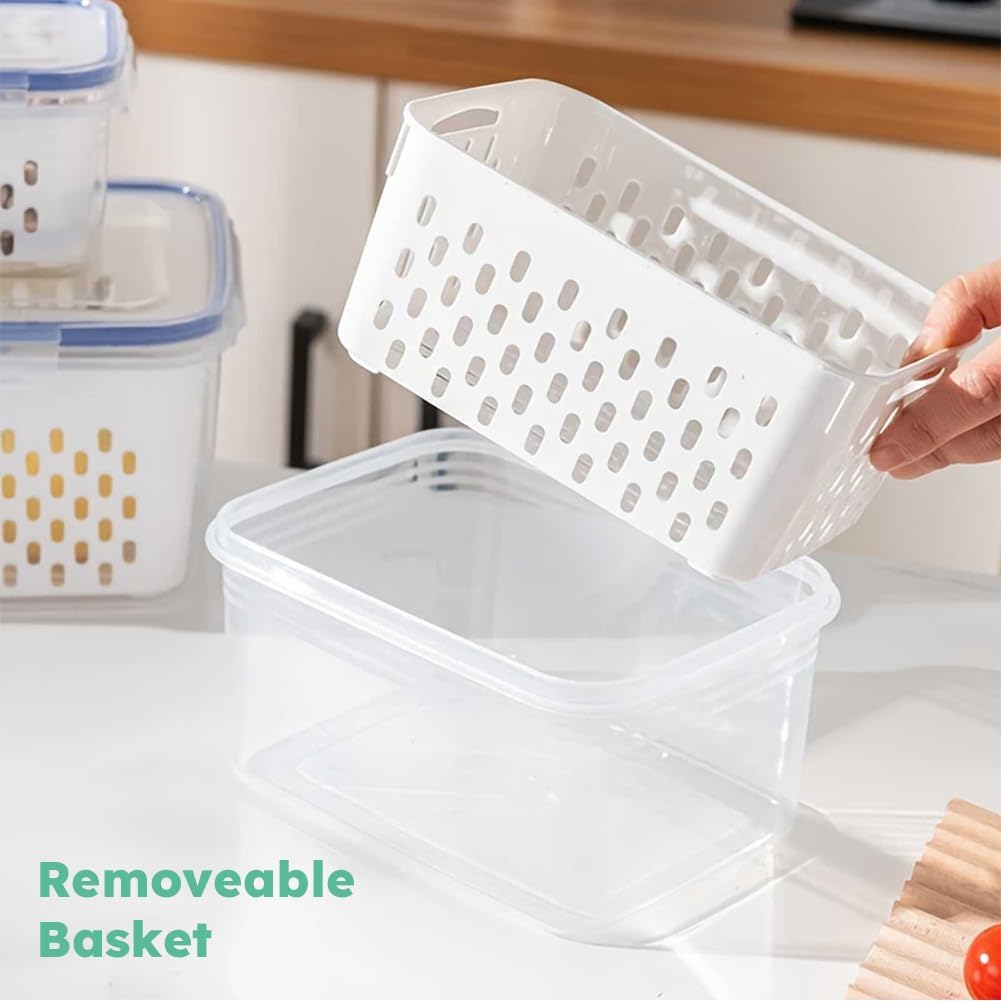 2 Pcs Fruit Storage Containers for Fridge with Removable Colander, Airtight Leakproof Produce Saver Set, Plastic Fridge Organizers for Vegetables, Berries & Meat, Dishwasher Safe
