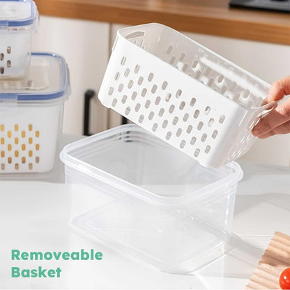 2 Pcs Fruit Storage Containers for Fridge with Removable Colander, Airtight Leakproof Produce Saver Set, Plastic Fridge Organizers for Vegetables, Berries & Meat, Dishwasher Safe