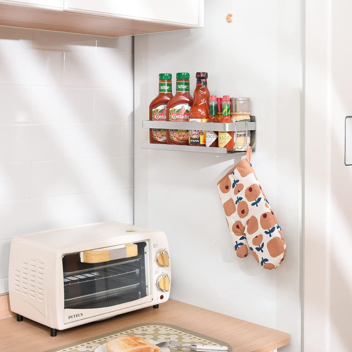 Magnetic Spice Rack for Refrigerator Spice Organizer, Strong Magnetic Shelf with 2 Removable Hooks Space Saver for Refrigerator and Microwave Oven, Metal Fridge Shelf(1 pack Silver)