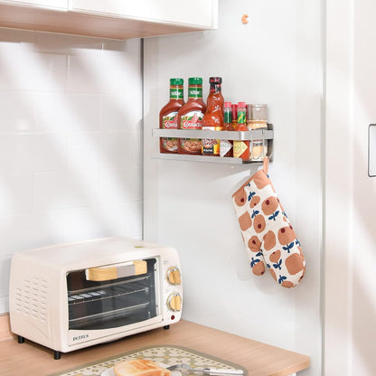 Magnetic Spice Rack for Refrigerator Spice Organizer, Strong Magnetic Shelf with 2 Removable Hooks Space Saver for Refrigerator and Microwave Oven, Metal Fridge Shelf(1 pack Silver)