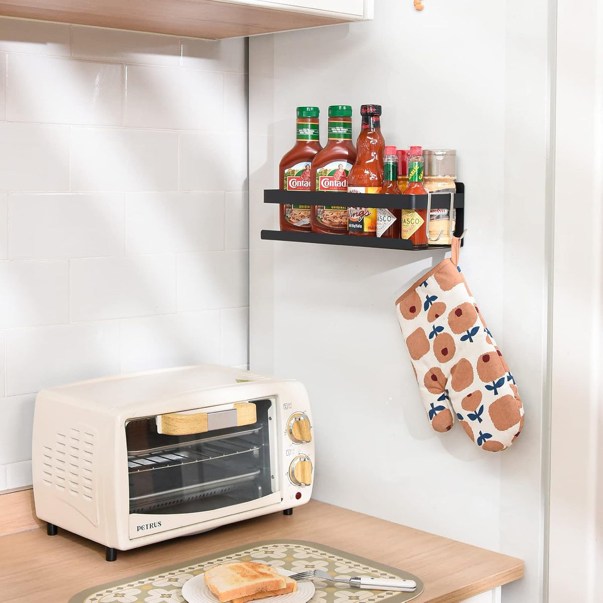 Magnetic Spice Rack for Refrigerator Spice Organizer, Strong Magnetic Shelf with 2 Removable Hooks Space Saver for Refrigerator and Microwave Oven, Metal Fridge Shelf(1 pack Silver)