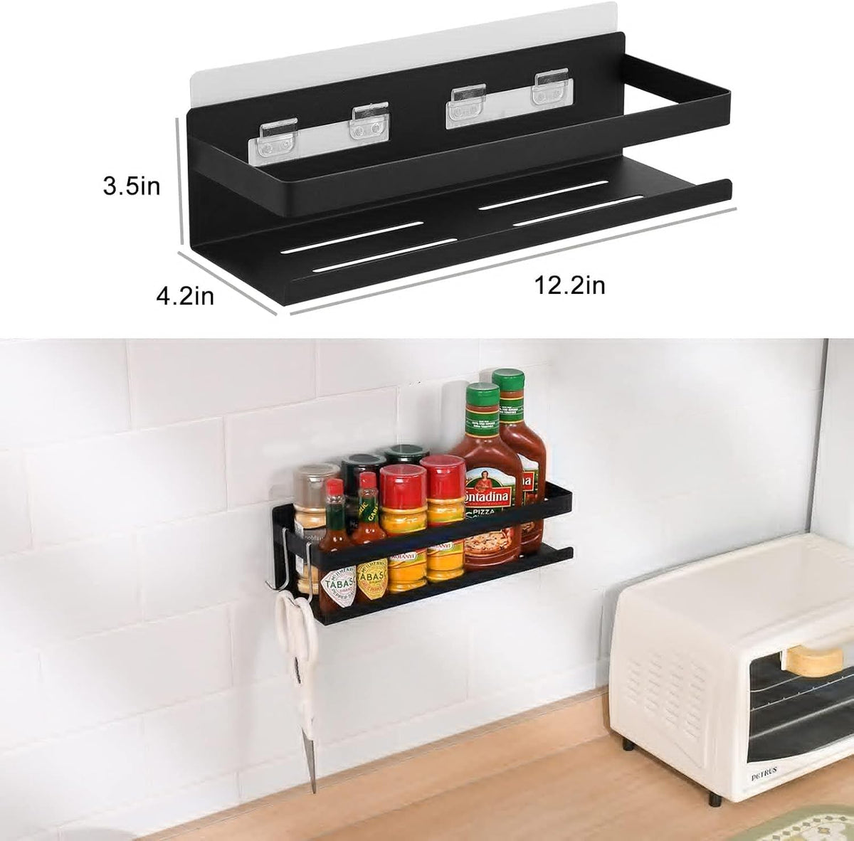 Magnetic Spice Rack for Refrigerator Spice Organizer, Strong Magnetic Shelf with 2 Removable Hooks Space Saver for Refrigerator and Microwave Oven, Metal Fridge Shelf(1 pack Silver)