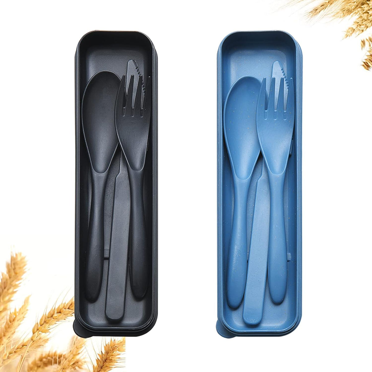 Reusable Travel Utensils Set with Case, Wheat Straw Portable Plastic Fork Spoons Knife Camping Cutlery, Eco-Friendly BPA Free Lunch Tableware for Kids Adults Travel Picnic Utensils