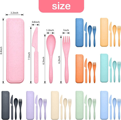Reusable Travel Utensils Set with Case, Wheat Straw Portable Plastic Fork Spoons Knife Camping Cutlery, Eco-Friendly BPA Free Lunch Tableware for Kids Adults Travel Picnic Utensils
