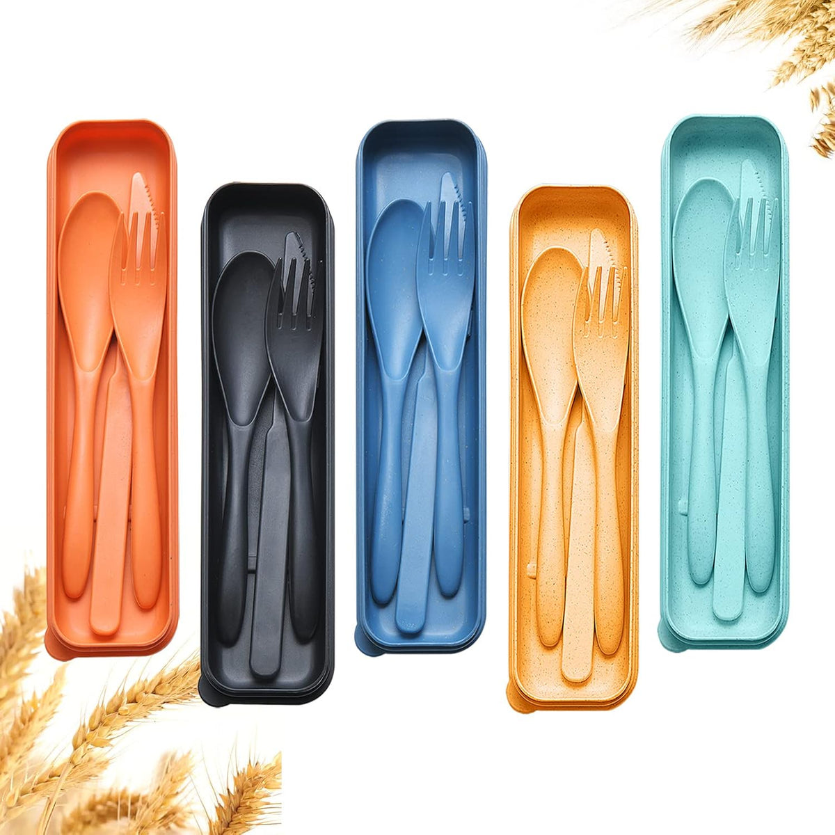 Reusable Travel Utensils Set with Case, Wheat Straw Portable Plastic Fork Spoons Knife Camping Cutlery, Eco-Friendly BPA Free Lunch Tableware for Kids Adults Travel Picnic Utensils
