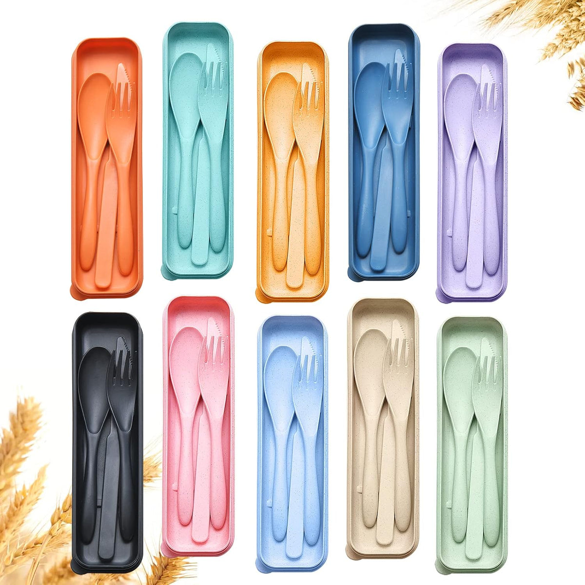 Reusable Travel Utensils Set with Case, Wheat Straw Portable Plastic Fork Spoons Knife Camping Cutlery, Eco-Friendly BPA Free Lunch Tableware for Kids Adults Travel Picnic Utensils