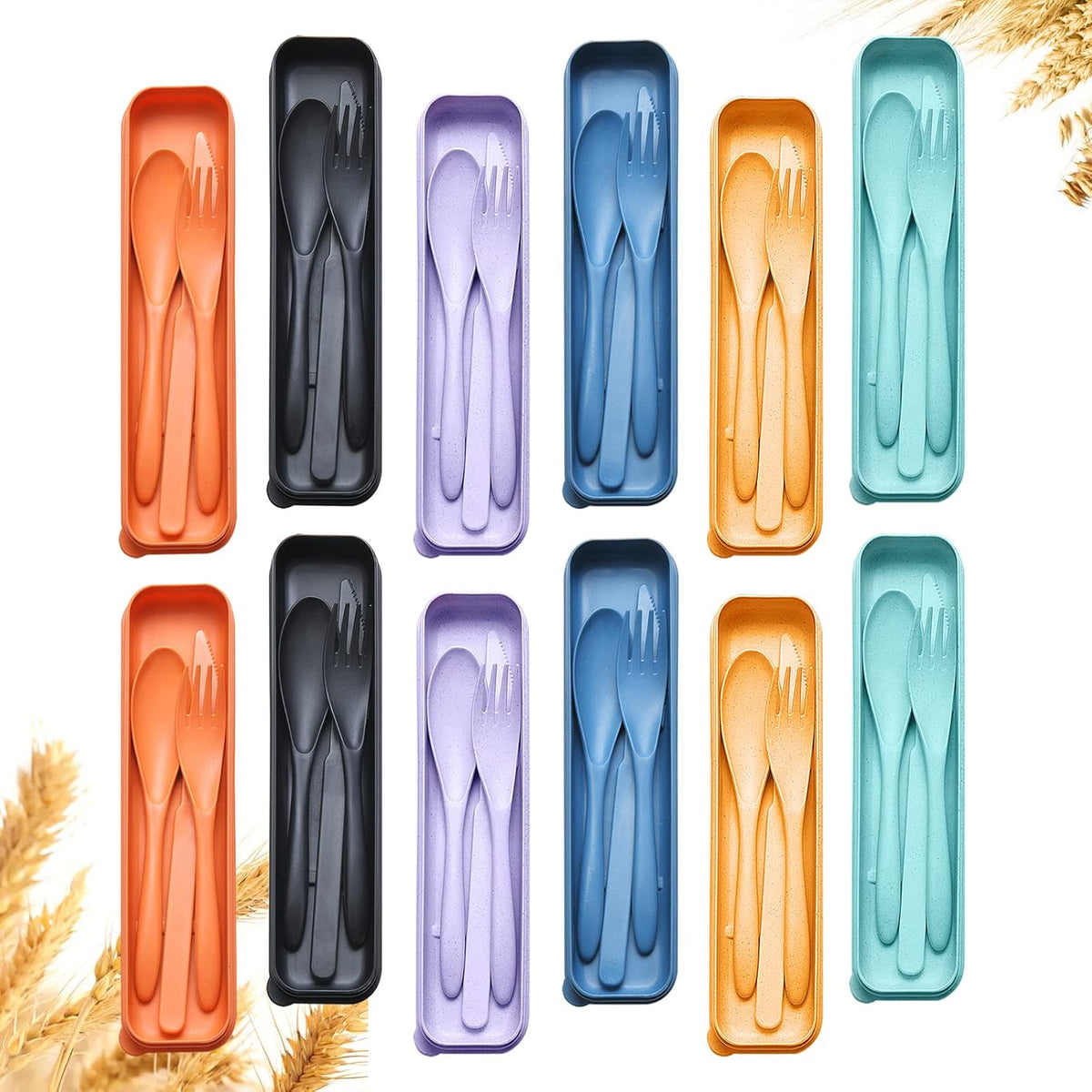 Reusable Travel Utensils Set with Case, Wheat Straw Portable Plastic Fork Spoons Knife Camping Cutlery, Eco-Friendly BPA Free Lunch Tableware for Kids Adults Travel Picnic Utensils