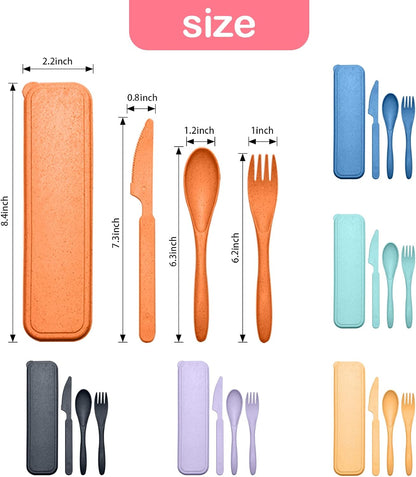 Reusable Travel Utensils Set with Case, Wheat Straw Portable Plastic Fork Spoons Knife Camping Cutlery, Eco-Friendly BPA Free Lunch Tableware for Kids Adults Travel Picnic Utensils