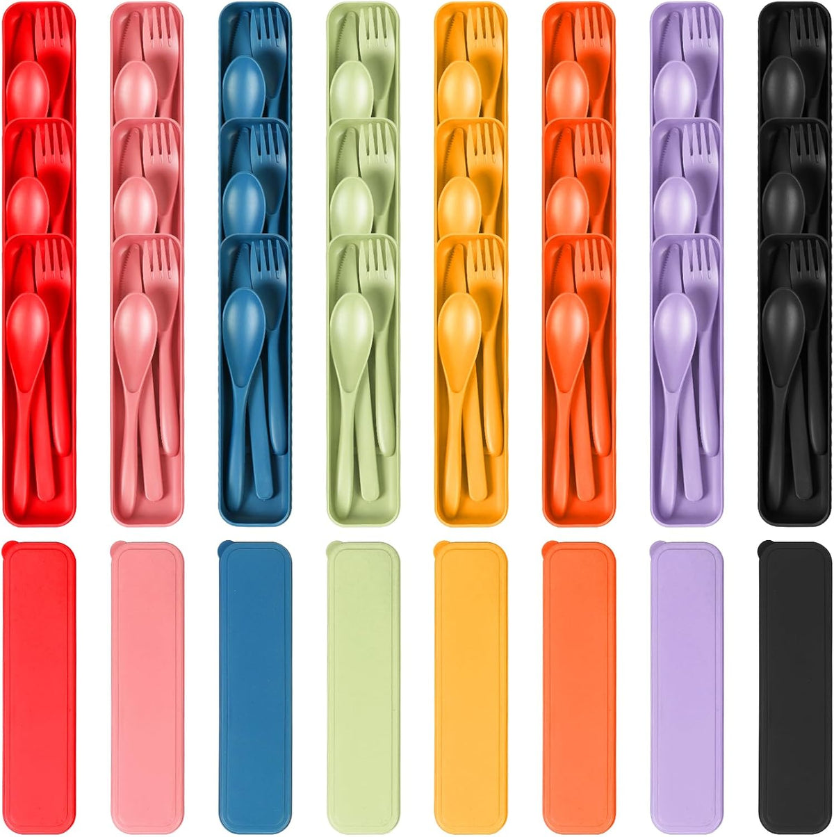 Reusable Travel Utensils Set with Case, Wheat Straw Portable Plastic Fork Spoons Knife Camping Cutlery, Eco-Friendly BPA Free Lunch Tableware for Kids Adults Travel Picnic Utensils