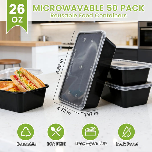 50-Pack Meal Prep Containers, Single Compartment with lids, 26 OZ.