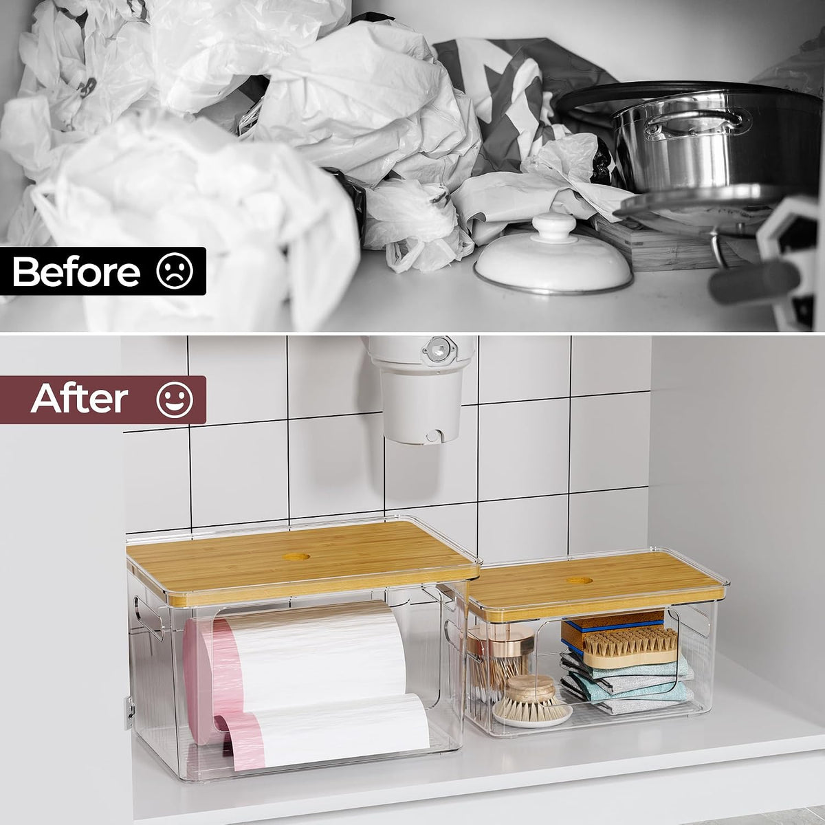 Acrylic Trash Bag Holder, 2 Pack (XL+S) Stackable Garbage Bag Dispenser, Clear Organizer Bins for Under Sink Organization, Pantry Storage, Cabinet, Kitchen, Laundry, Bathroom