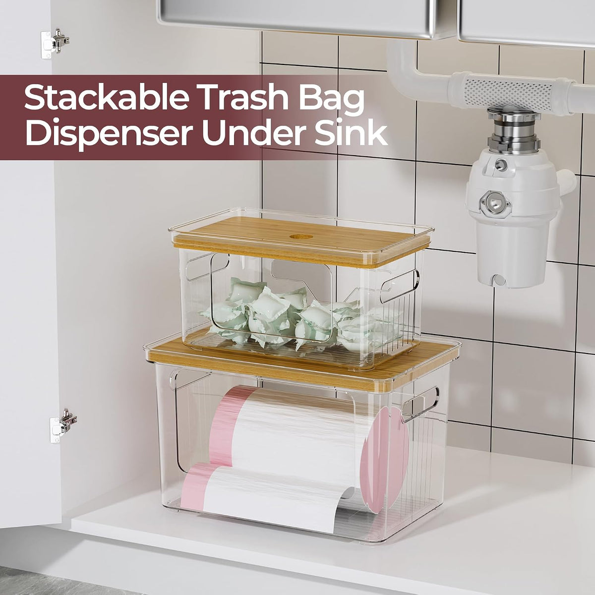 Acrylic Trash Bag Holder, 2 Pack (XL+S) Stackable Garbage Bag Dispenser, Clear Organizer Bins for Under Sink Organization, Pantry Storage, Cabinet, Kitchen, Laundry, Bathroom