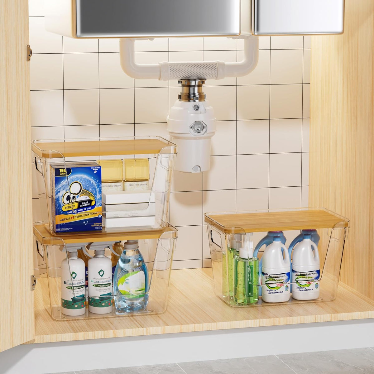 Acrylic Trash Bag Holder, 2 Pack (XL+S) Stackable Garbage Bag Dispenser, Clear Organizer Bins for Under Sink Organization, Pantry Storage, Cabinet, Kitchen, Laundry, Bathroom