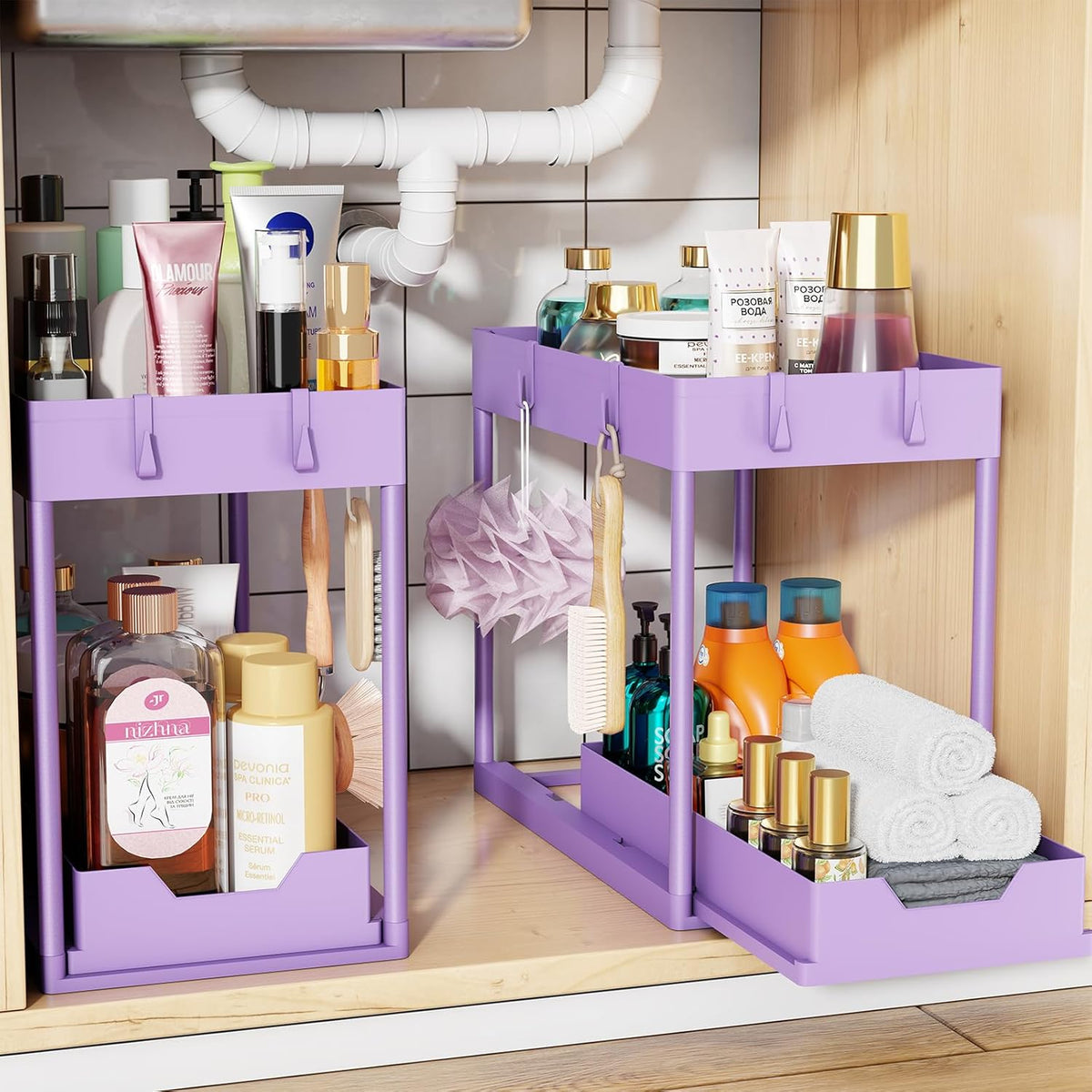 Under Sink Organizer, Sink Pull-Out Sliding Storage Cabinet, 2-Tier Under Shelf Organizer for Kitchen Bathroom, Black