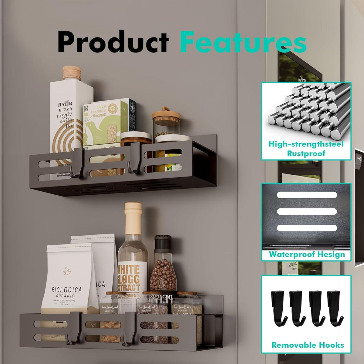 Magnetic Spice Rack for Refrigerator, Black Magnetic Shelf and Fridge Kitchen Cabinet Organizers Storage Seasoning Organization Mini Shelves, Organizadores de Cocina