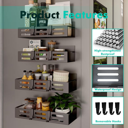 Magnetic Spice Rack for Refrigerator, Black Magnetic Shelf and Fridge Kitchen Cabinet Organizers Storage Seasoning Organization Mini Shelves, Organizadores de Cocina