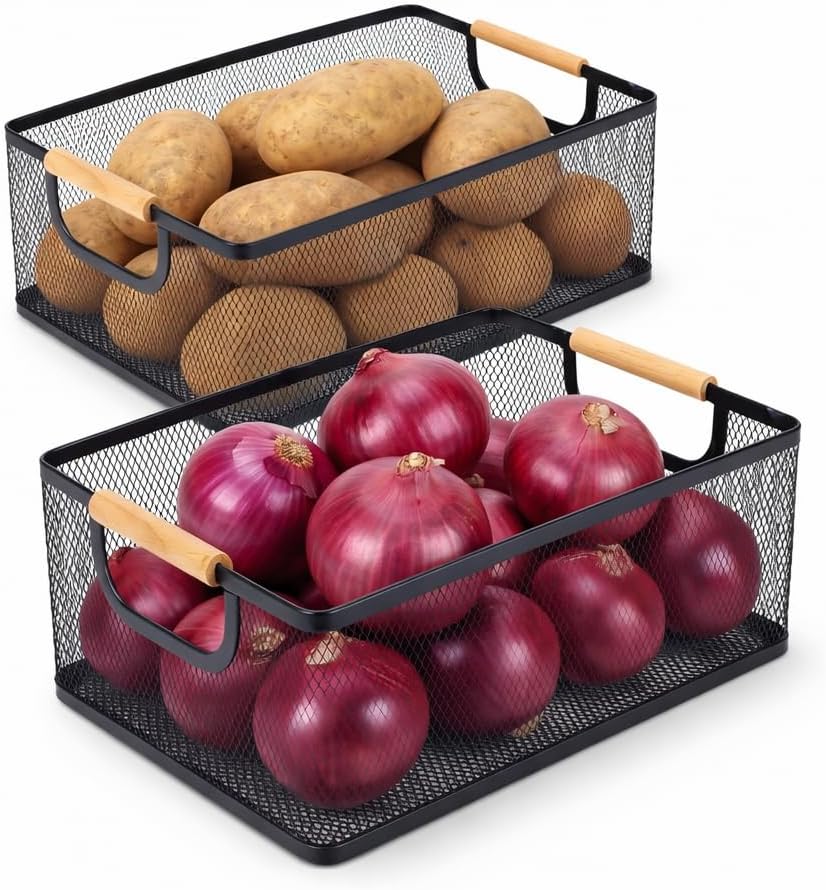 Potato and Onion Storage Baskets with Wood Handles, 2-Set Metal Mesh Bin for Kitchen, Pantry, Countertop, Ventilated Organizer for Vegetables Fruits, Black