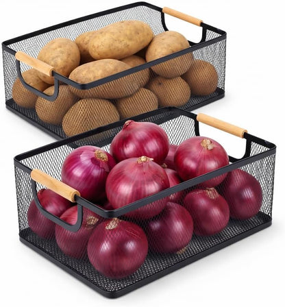 Potato and Onion Storage Baskets with Wood Handles, 2-Set Metal Mesh Bin for Kitchen, Pantry, Countertop, Ventilated Organizer for Vegetables Fruits, Black