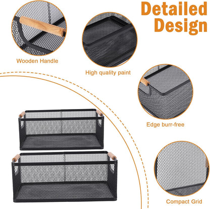 Potato and Onion Storage Baskets with Wood Handles, 2-Set Metal Mesh Bin for Kitchen, Pantry, Countertop, Ventilated Organizer for Vegetables Fruits, Black