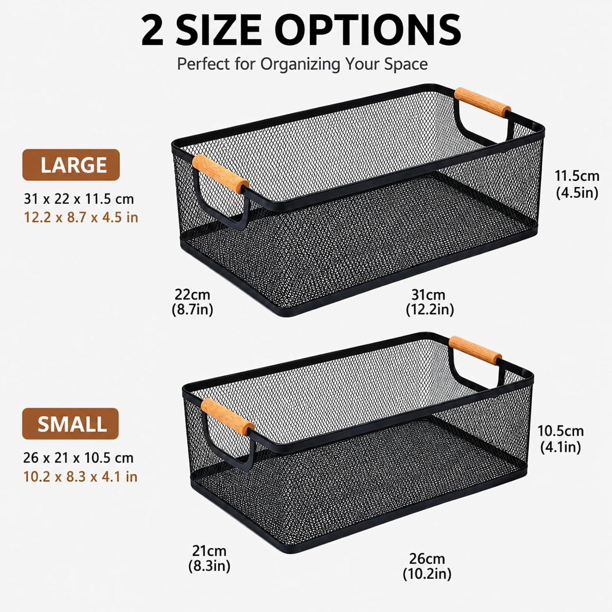 Potato and Onion Storage Baskets with Wood Handles, 2-Set Metal Mesh Bin for Kitchen, Pantry, Countertop, Ventilated Organizer for Vegetables Fruits, Black