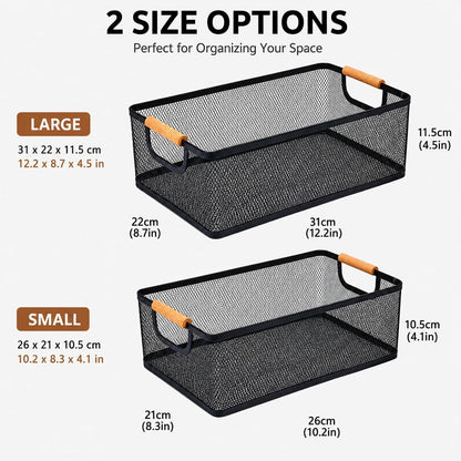 Potato and Onion Storage Baskets with Wood Handles, 2-Set Metal Mesh Bin for Kitchen, Pantry, Countertop, Ventilated Organizer for Vegetables Fruits, Black