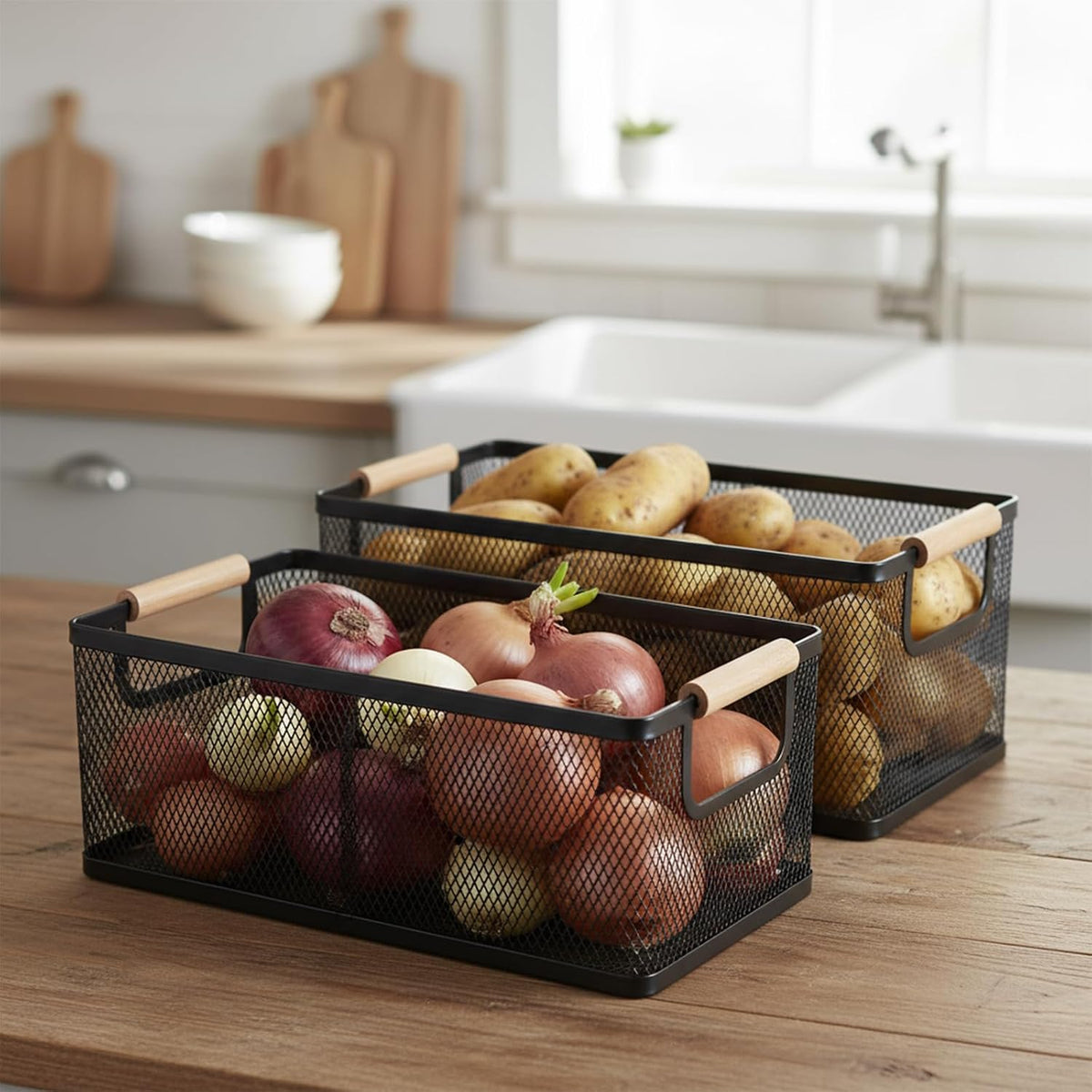 Potato and Onion Storage Baskets with Wood Handles, 2-Set Metal Mesh Bin for Kitchen, Pantry, Countertop, Ventilated Organizer for Vegetables Fruits, Black