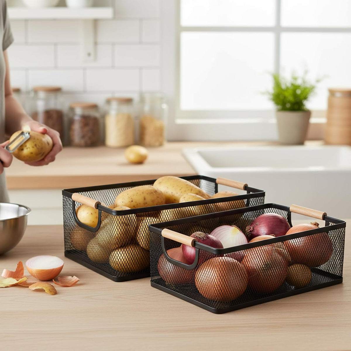 Potato and Onion Storage Baskets with Wood Handles, 2-Set Metal Mesh Bin for Kitchen, Pantry, Countertop, Ventilated Organizer for Vegetables Fruits, Black