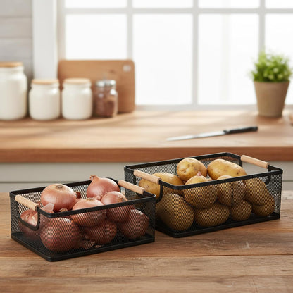 Potato and Onion Storage Baskets with Wood Handles, 2-Set Metal Mesh Bin for Kitchen, Pantry, Countertop, Ventilated Organizer for Vegetables Fruits, Black