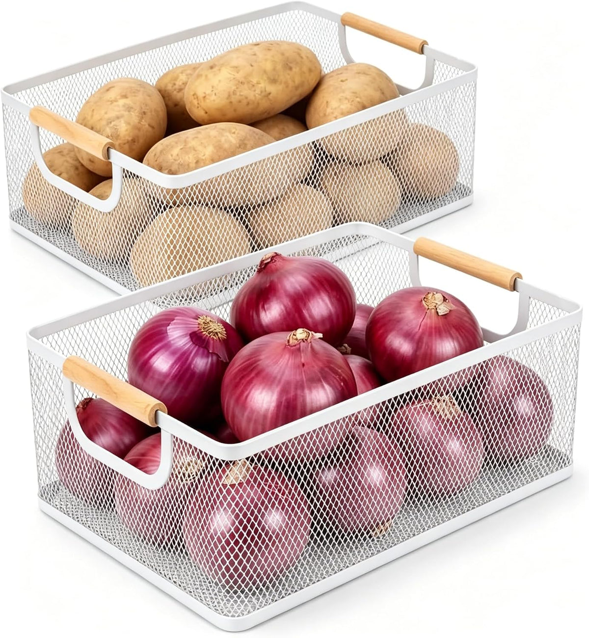 Potato and Onion Storage Baskets with Wood Handles, 2-Set Metal Mesh Bin for Kitchen, Pantry, Countertop, Ventilated Organizer for Vegetables Fruits, Black
