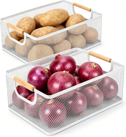 Potato and Onion Storage Baskets with Wood Handles, 2-Set Metal Mesh Bin for Kitchen, Pantry, Countertop, Ventilated Organizer for Vegetables Fruits, Black