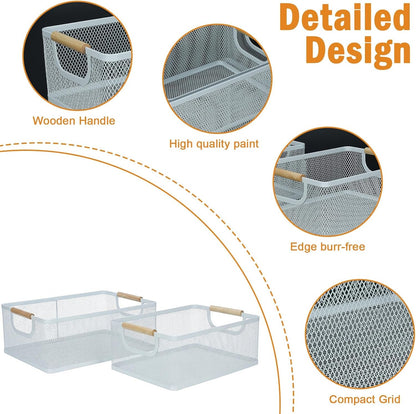 Potato and Onion Storage Baskets with Wood Handles, 2-Set Metal Mesh Bin for Kitchen, Pantry, Countertop, Ventilated Organizer for Vegetables Fruits, Black