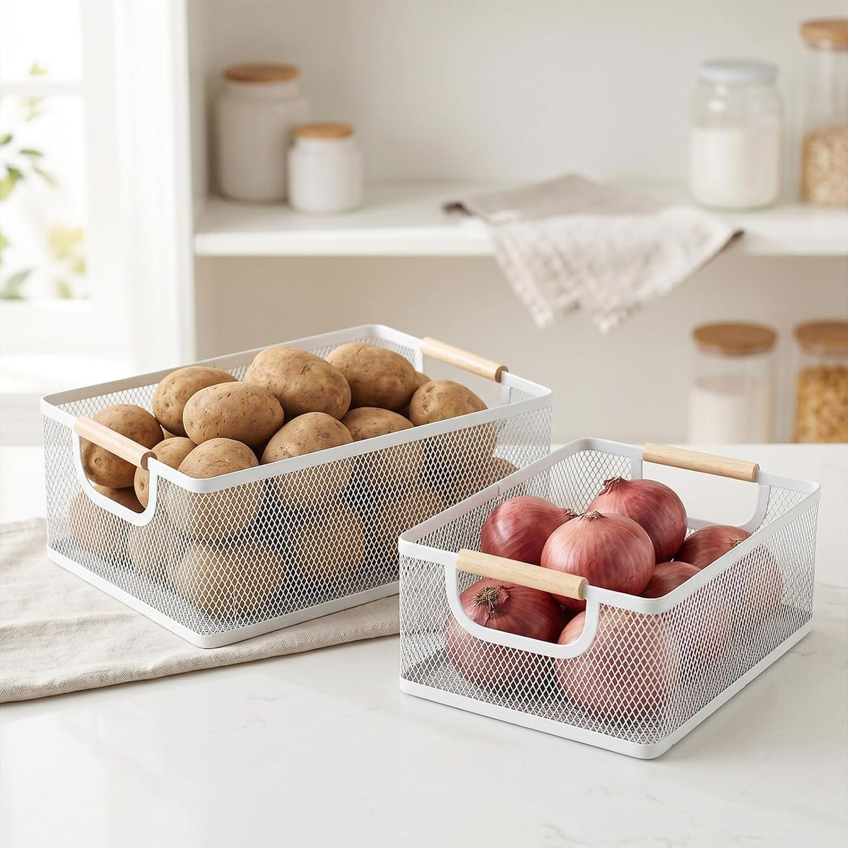 Potato and Onion Storage Baskets with Wood Handles, 2-Set Metal Mesh Bin for Kitchen, Pantry, Countertop, Ventilated Organizer for Vegetables Fruits, Black