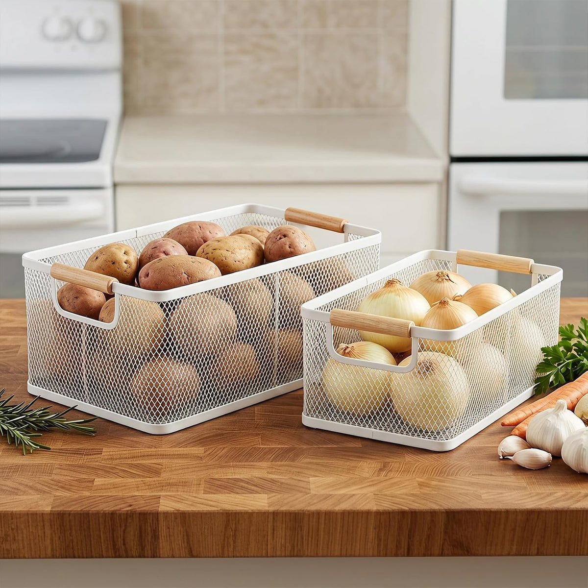 Potato and Onion Storage Baskets with Wood Handles, 2-Set Metal Mesh Bin for Kitchen, Pantry, Countertop, Ventilated Organizer for Vegetables Fruits, Black