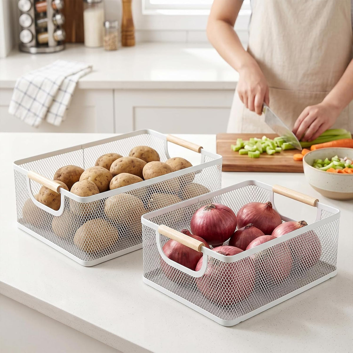 Potato and Onion Storage Baskets with Wood Handles, 2-Set Metal Mesh Bin for Kitchen, Pantry, Countertop, Ventilated Organizer for Vegetables Fruits, Black