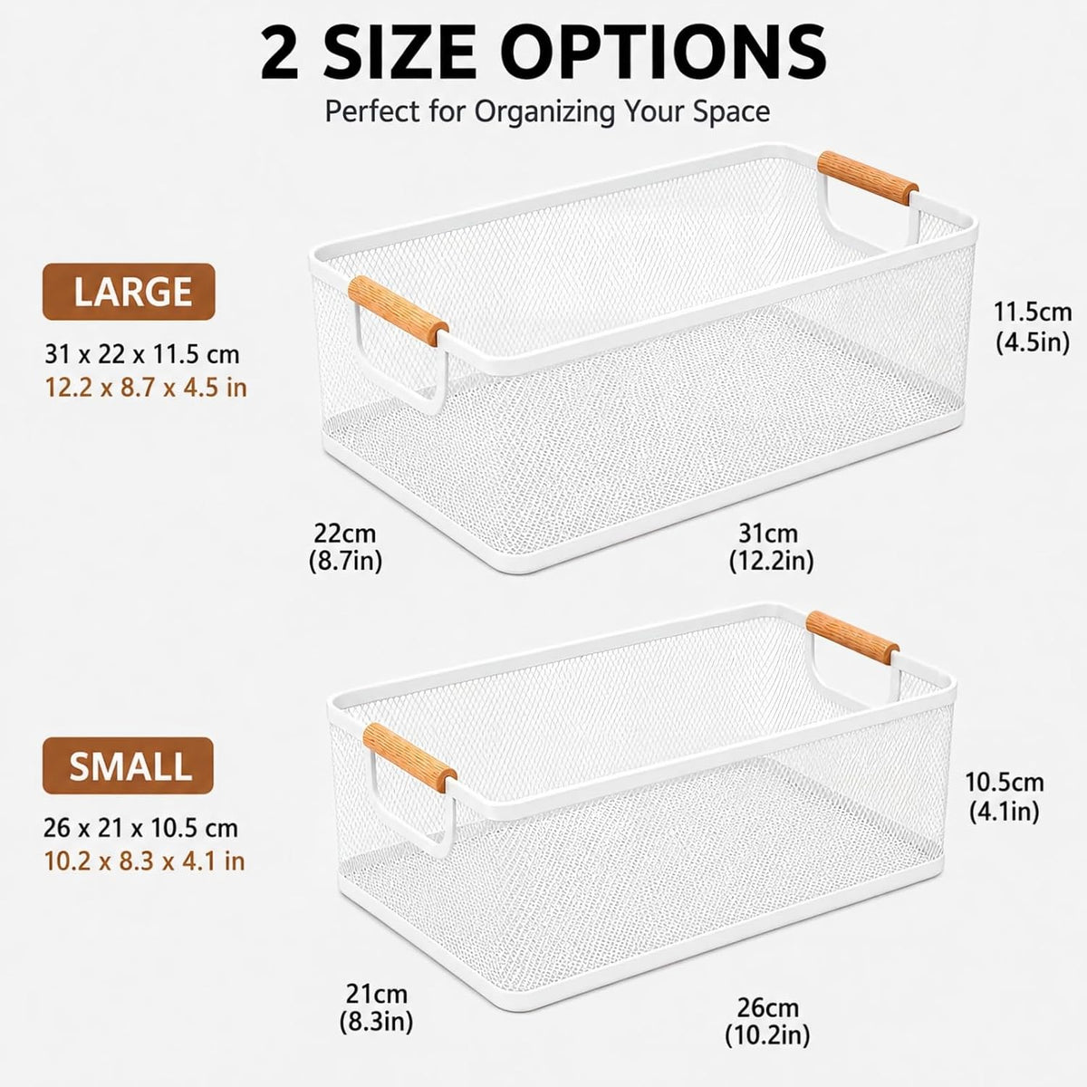 Potato and Onion Storage Baskets with Wood Handles, 2-Set Metal Mesh Bin for Kitchen, Pantry, Countertop, Ventilated Organizer for Vegetables Fruits, Black